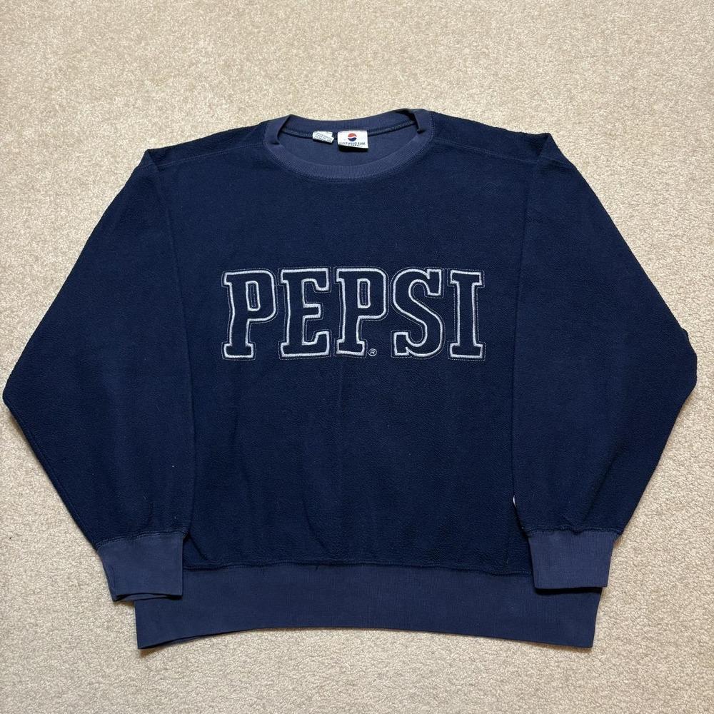 Vtg Pepsi Sweatshirt Mens XL Navy Two Tone Fleece Spellout Logo Crewneck 80s 90s
